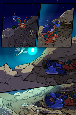 2_horns 4_panel_comic ambiguous_gender armor balloon balloon_with_face blue_body blue_fur blue_hair blue_wings brown_body cheek_tuft claws eyebrows eyelashes eyes_closed facial_tuft feathered_wings feathers feral finger_claws flying fur glowing green_eyes group hair hand_on_head headgear helmet hiding horn inflatable jewelry looking_at_another looking_at_object looking_down night orange_body outside page_number pendant plant red_eyes rock sky star toe_claws toony translucent translucent_hair tree tuft white_sclera wings virmir mythology renbrand roko_kirihoko saida canid canine couatl dragon feathered_scalie feathered_snake fox mammal mythological_creature mythological_scalie reptile scalie snake 2025 2:3 absurd_res comic hi_res signature female_(lore) male_(lore)