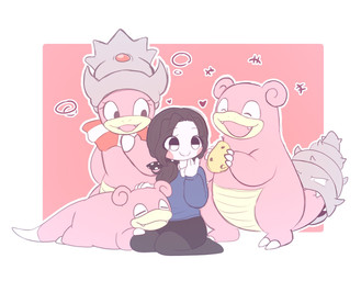 ambiguous_gender cheek_spots claws closed_smile clothed clothing eyebrows eyelashes eyes_closed female feral fingers food group hair heart_symbol holding_food holding_object kneeling looking_at_another lying mouth_closed on_front pink_body smile tail teeth toe_claws translucent translucent_hair white_sclera piyolondres nintendo pokemon generation_1_pokemon generation_2_pokemon human mammal pokemon_(species) shellder_(slowbro) shellder_(slowking) slowbro slowking slowpoke 2023 hi_res