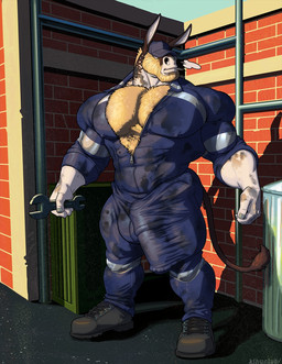 abs anthro barazoku baseball_cap beard biceps big_bulge big_muscles big_pecs biped black_clothing black_footwear black_shoes blonde_beard blonde_body_hair blonde_facial_hair blonde_mane blue_baseball_cap blue_clothing blue_coveralls blue_hat blue_headwear body_hair breath brick_wall brown_body brown_ears brown_fur bulge cast_shadow chest_hair clothed clothed_anthro clothed_male clothing countershade_fur countershade_neck countershading coveralls covered_eyes deltoids detailed_background detailed_bulge dirty_hands facial_hair fingernails fingers footwear fully_clothed fully_clothed_anthro fully_clothed_male fur genital_outline hairy hat hat_over_eyes headgear headwear holding_object holding_tool holding_wrench huge_bulge huge_muscles humanoid_hands long_ears looking_aside male male_anthro mane manly mouth_closed multicolored_body multicolored_fur muscular muscular_anthro muscular_arms muscular_male nails nipple_outline outside pecs penis_outline pipe shadow shoes sky solo standing tail tail_tuft text three-quarter_view tight_clothing tools toothpick toothpick_in_mouth trash_can tuft wall_(structure) white_body white_countershading white_fur white_hands white_inner_ear wrench zipper kihu asinus donkey equid equine mammal digital_media_(artwork) full-length_portrait hi_res portrait shaded url