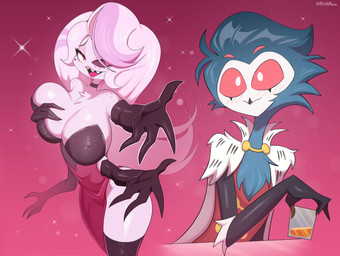 ambiguous_gender anthro armwear biped black_sclera breasts clothed clothing duo elbow_gloves eyebrows eyelashes fingers fur gloves grey_body handwear male multicolored_body pink_body pink_eyes pink_fur red_sclera simple_background white_body white_eyes markmanez hazbin_hotel hellaverse helluva_boss angel_dust stolas_(helluva_boss) arachnid arthropod avian bird demon humanoid owl owl_demon absurd_res hi_res