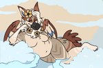 3_toes 5_fingers anthro arm_tuft beak bent_arm black_beak black_claws blue_markings breasts brown_eyelids brown_eyes brown_tail cheek_tuft claws closed_smile cloud cloudy_sky day elbow_tuft eyebrow_through_hair eyebrows facial_tuft fangs feathered_wings feathers featureless_breasts feet female female_anthro finger_claws fingers flower flower_on_head fur hair half-closed_eyes hand_behind_back light lying lying_on_cloud markings medium_breasts mouth_closed multicolored_body multicolored_fur multicolored_tail multicolored_wings narrowed_eyes navel non-mammal_breasts nude nude_anthro nude_female on_cloud on_side outside overweight overweight_anthro overweight_female plant sky smile solo tail tan_body tan_eyebrows tan_fur tan_hair tan_sky tan_wings teeth thick_thighs toe_claws toes toothed_beak translucent translucent_hair tuft wing_markings wings yellow_flower yellow_sclera beastofeuthanasia mythology vanara_(alfanagryphon) avian gryphon mythological_avian mythological_creature 2022 colored digital_drawing_(artwork) digital_media_(artwork) english_description hi_res lighting