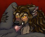 anthro blush bodily_fluids brown_body brown_fur duo ear_piercing fellatio female fur genitals hair heart_eyes heart_symbol long_hair male male/female markings oral penile penis piercing saliva sex spots spotted_body spotted_fur teeth torn_ear vein veiny_penis thehatredburrito canid canine gnoll hyena mammal hi_res