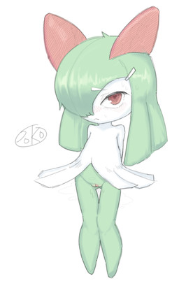blush bodily_fluids female front_view genital_fluids genitals grey_body hands_behind_back logo looking_at_viewer one_eye_obstructed plump_labia presenting presenting_vulva red_eyes short short_female short_humanoid solo vaginal_fluids vulva white_body pokopokarea nintendo pokemon generation_3_pokemon humanoid kirlia pokemon_(species) artist_logo digital_drawing_(artwork) digital_media_(artwork)