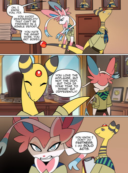 anthro anthrofied black_body blue_body blue_eyes blue_fur chair clothed clothed_anthro clothing desk dialogue duo fur furniture male pink_body pink_ears pink_fur pokemorph smile table tail text white_body white_fur yellow_body yellow_ears yellow_tail odeko-yma nintendo pokemon pokemon_mystery_dungeon spike_chunsoft pix_(odeko-yma) ampharos eeveelution generation_2_pokemon generation_6_pokemon pokemon_(species) sylveon absurd_res comic english_text hi_res