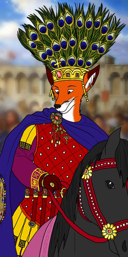 anthro armor belt bracelet byzantine cloak clothed clothing cross crowd crown emperor feathers group headgear jewelry male medieval outside palace peacock_feather ring royalty shirt solo_focus topwear tunic ohs688 heraclius canid canine equid equine fox horse mammal 1:2 2017 digital_media_(artwork) half-length_portrait hi_res portrait