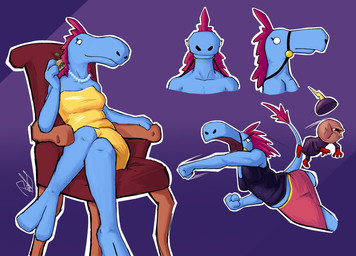 angry anthro blue_body chair clothed clothing female fighting_pose front_view furniture hair jewelry necklace on_chair pink_hair pose side_view sitting sitting_on_chair anonymous_artist disney wander_over_yonder sylvia_(wander_over_yonder) alien equid equine horse mammal hi_res