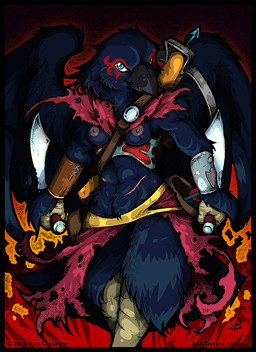 abs anthro areola armor beak black_body black_feathers blue_eyes bracers breasts clothing crossbow dagger feathered_wings feathers female half-skirt holding_object holding_weapon ineffective_clothing looking_at_viewer medium_breasts melee_weapon muscular muscular_anthro muscular_female navel nipples non-mammal_breasts non-mammal_navel non-mammal_nipples ranged_weapon scar simple_background solo weapon wings o-kemono elenora_(bahumot) avian bird corvid oscine passerine 2014 digital_drawing_(artwork) digital_media_(artwork) hi_res