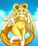 anthro biped breasts eyewear female fur gem gesture glasses hand_on_hip looking_at_viewer nipple_dip nipples nude outside red_eyes sky solo standing waving mnxenx001 mythology puzzle_and_dragons sunlight_carbuncle mythological_carbuncle mythological_creature 5:6 hi_res