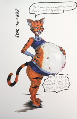 anthro belly big_belly bodily_fluids drooling female female_pred female_prey fur green_eyes navel nipples orange_body orange_fur outie_navel saliva same_size_vore striped_body striped_fur stripes vore white_body white_fur zero-thl dc_comics teen_titans raven_(dc) starfire_(teen_titans) domestic_cat felid feline felis mammal hi_res traditional_media_(artwork)