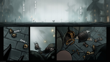 4_panel_comic ambiguous_gender antennae_(anatomy) bell black_eyes clothing corpse empty_eyes holding_object outside solo text white_text lucaniamc hollow_knight:_silksong hollow_knight_(franchise) team_cherry arthropod thread_raker 16:9 comic english_text hi_res widescreen