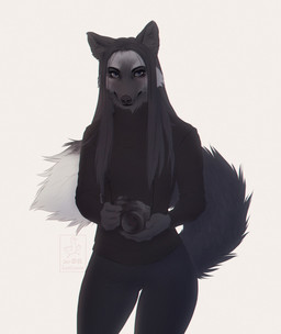 anthro black_clothing black_eyebrows black_nose black_topwear blue_eyes camera clothed clothing dark_body dark_fur dark_hair eyebrows female front_view fur grey_body grey_ears grey_fur grey_hair grey_inner_ear grey_inner_ear_fluff grey_tail hair holding_camera holding_object inner_ear_fluff long_hair looking_at_viewer mouth_closed solo tail topwear tuft white_body white_fur white_tail lostgoose canid canine fox mammal red_fox silver_fox true_fox 2020 dated hi_res