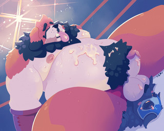 anthro balls belly black_eyebrows black_nose black_pubes bodily_fluids cum cum_on_balls cum_on_belly cum_on_body cum_on_face cum_on_own_balls cum_on_own_belly cum_on_own_penis cum_on_own_tongue cum_on_penis cum_on_self cum_on_tongue dipstick_ears duo ear_markings eyebrows fighting_ring fur genital_fluids genitals grey_body grey_fur head_tuft inside lying male moobs multicolored_ears nipples nude obese obese_anthro obese_male on_back open_mouth orange_body orange_eyes orange_fur overweight overweight_anthro overweight_male penis pink_nipples pink_tongue pubes sweat sweaty_belly sweaty_face sweaty_legs tea_bagging tongue tongue_out tuft white_body white_fur chocolateandmilk canid canine canis domestic_dog mammal