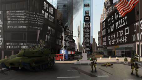 american_flag anthro armor city city_background clothing corpse day group gun invasion military_uniform new_york_city ranged_weapon rifle sculpture smoke statue tank_(vehicle) text uniform united_states_of_america vehicle weapon jayk_and family_guy_death_pose resonant_evolution canid canine human mammal 16:9 absurd_res digital_media_(artwork) english_text hi_res meme widescreen