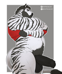 anthro balls beard belly big_balls big_belly big_penis black_beard black_body black_eyes black_facial_hair black_fur black_hair black_markings black_penis black_stripes bottomless clothed clothing erection facial_hair foreskin fur genitals glistening glistening_eyes grey_background hair humanoid_genitalia humanoid_penis looking_at_viewer male male_anthro markings mouth_closed muscular muscular_anthro muscular_male navel overweight overweight_anthro overweight_male patreon_logo penis pubes red_clothing red_topwear short_hair side_view simple_background solo standing striped_arms striped_legs stripes tail tail_tuft text topwear tuft undressing vein veiny_penis white_body white_fur x_logo johnthelewd_art patreon equid equine mammal zebra 5:6 absurd_res artist_name hi_res portrait three-quarter_portrait