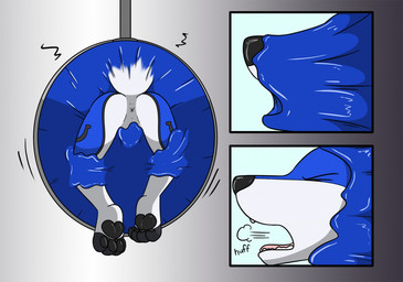 anthro anus belly_grab blue_body blue_fur blue_latex breathing brown_hair bulge butt fur genitals goo_transformation hair human_to_anthro latex locked male penis ring slime solo species_transformation tail transformation transformation_ring white_body white_fur fox0808 coltthefurry canid canine canis human mammal wolf