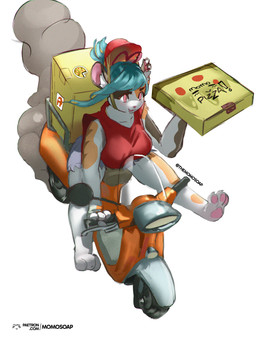 anthro armor backpack blue_hair bottomwear box casual_clothing clean_lines clothing container delivery_(commerce) delivery_box digitigrade exhaust_fumes eyewear female female_anthro fluffy fluffy_tail food food_delivery fur gloves goggles hair handwear headgear helmet holding_object knee_pads long_ears motor_scooter orange_body orange_clothing orange_fur pawpads pink_eyes pizza pizza_box red_clothing red_shirt red_topwear riding scooter shirt shorts sitting sleeveless_shirt smoke solo tail tank_top teal_hair text topwear white_body white_fur working momosoap mammal rodent 3:4 absurd_res colored digital_media_(artwork) full-length_portrait hi_res portrait shaded signature soft_shading url watermark