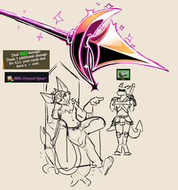 anthro armor bottomwear chair clothing duo furniture gameplay_mechanics gloves handwear male melee_weapon military pants polearm shirtless shirtless_anthro shirtless_male sitting smug smug_expression smug_face soldier spade_tail sparkles spear sword tail throne tufted_fur warrior weapon wings 60percentscalie slay_the_spire dovak vauruk bat demon mammal hi_res