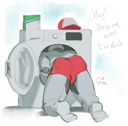 appliance bottomwear clothed clothing laundry_machine machine male partially_clothed rear_view solo stuck teasing text kogito humanoid robot robot_humanoid english_text hi_res