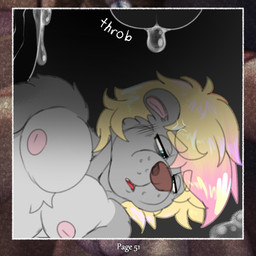 anthro blonde_hair bodily_fluids brown_nose cross-popping_vein dripping duo fur genital_fluids green_eyes grey_body grey_ears grey_fur hair half-closed_eyes highlights_(coloring) lying male male/male multicolored_body multicolored_fur multicolored_hair narrowed_eyes nipples on_side pink_hair pink_nipples precum precum_drip teeth tongue two_tone_body two_tone_fur two_tone_hair young young_anthro young_male dasherslash andy_(dasherslash) mammal mustelid otter 1:1 2026 comic digital_media_(artwork) hi_res