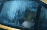 ambiguous_gender anthro black_body black_fur black_nose car detailed_background fur hair inside_car inside_vehicle looking_up painting raining solo vehicle white_hair civetstranj canid canine canis domestic_dog mammal shiba_inu spitz digital_media_(artwork) signature