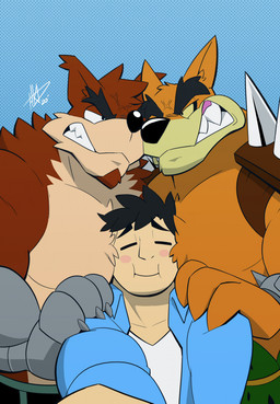 angry anthro beard black_hair blue_background blush bottomwear bracelet brown_body brown_fur chest_tuft clenched_teeth clothed clothing cross-popping_vein cybernetic_arm cybernetic_limb eye_contact eyebrows eyes_closed facial_hair fangs fur group hair hand_on_shoulder jewelry loincloth looking_at_another male muscular muscular_anthro muscular_male orange_body orange_fur pants selfie sharp_teeth shirt shoulder_pads simple_background size_difference spiked_bracelet spiked_shoulder_pads spikes tan_body tan_fur teeth thick_eyebrows topless topwear trio tuft yellow_sclera hikazedragon activision crash_bandicoot_(series) crunch_bandicoot tiny_tiger bandicoot dasyuromorph human mammal marsupial recently_extinct_species thylacine 2020 hi_res