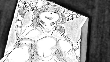 cabinet cloak clothing dress female hair musical_symbol nervous scared scarf shaking singing smile solo symbol dragonweirdo domestic_ferret mammal mustelid musteline true_musteline weasel 16:9 hi_res monochrome widescreen