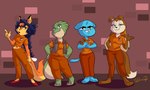 barefoot ear_piercing ear_ring feet female group inmates_clothing orange_jumpsuit piercing prison prison_uniform prisoner ring_piercing croxovergoddess cartoon_network dinosaurs_(series) road_rovers sly_cooper_(series) sony_corporation sony_interactive_entertainment sucker_punch_productions the_amazing_world_of_gumball carmelita_fox charlene_sinclair colleen_(road_rovers) nicole_watterson ceratopsian dinosaur domestic_cat felid feline felis mammal ornithischian prehistoric_species protoceratops reptile scalie crossover