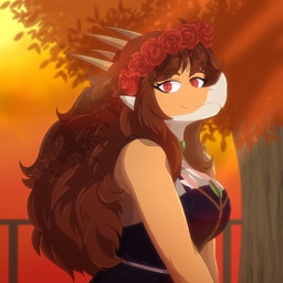 anthro big_breasts black_clothing black_dress breasts brown_hair clothed clothed_anthro clothed_female clothing day detailed_background dress eyebrow_through_hair eyebrows facial_horn female flower hair head_turned horn leaf light light_beam long_hair looking_at_viewer non-mammal_breasts orange_body outside plant pose red_eyes rose_(flower) smile solo sunbeam sunlight tan_body translucent translucent_hair tree veisz_stories goodbye_volcano_high ko_op_(game_developer) rosa_(gvh) aquilops ceratopsian dinosaur marginocephalian ornithischian prehistoric_species reptile scalie 1:1 colored half-length_portrait hi_res portrait shaded