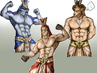 5_fingers anthro claws clothed clothing fingers group humanoid_hands male muscular muscular_anthro muscular_male topless topless_anthro topless_male trio kuwan_lm2d genshin_impact mihoyo heryshaf_(genshin_impact) sobek_(genshin_impact) thoth_(genshin_impact) avian bovid caprine crocodile crocodilian goat mammal reptile scalie 4:3 hi_res