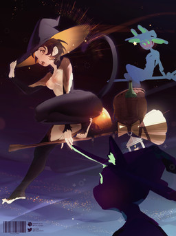 anthro black_body black_fur black_hair breasts broom cleaning_tool clothing female flying fur hair hat hat_only headgear headgear_only headwear headwear_only mostly_nude night nipples nude open_mouth sitting sky solo witch_hat pita_potato haplorhine mammal monkey primate absurd_res hi_res