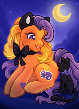 3_toes ambiguous_feral ambiguous_gender black_body black_bow_tie black_ears black_fur black_nose black_tail blonde_mane blue_bow blue_eyes blue_sky bow_tie cloud crescent_moon cutie_mark duo eyelashes feet female female_feral feral fur heart_(marking) holidays hooves larger_female larger_feral leg_markings light long_mane long_tail looking_at_another mane markings moon multicolored_mane night no_pupils open_mouth open_smile orange_body orange_fur orange_hooves orange_mane outside paws purple_mane purple_markings purple_tail quadruped sitting size_difference sky smaller_feral smile smiling_at_another smiling_at_each_other star starry_sky tail text toes unguligrade white_inner_ear sparkytopia halloween hasbro mlp_g3 my_little_pony pumpkin_tart_(mlp) domestic_cat earth_pony equid equine felid feline felis horse mammal pony 2025 artist_name colored digital_drawing_(artwork) digital_media_(artwork) hi_res lighting shaded