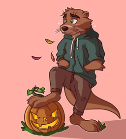 3_toes anthro blush blush_lines bottomwear brown_body brown_fur brown_nose clothing digitigrade feet food fruit fur green_eyes hoodie inner_ear_fluff leaf male pants pink_background plant pumpkin simple_background solo tail tan_inner_ear_fluff teeth toes topwear tuft whisker_spots whiskers white_sclera atmac atmac_(character) mammal mustelid otter river_otter 2021 digital_drawing_(artwork) digital_media_(artwork) hi_res