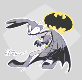 black_cape black_clothing cape clothing cosplay grey_background humanoid_hands male simple_background solo superhero_costume text popcublove batman_(series) dc_comics looney_tunes warner_brothers batman bugs_bunny humanoid lagomorph leporid mammal rabbit translation_request