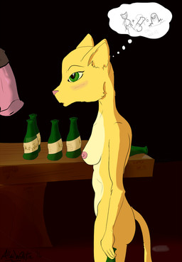 alcohol animal_genitalia animal_penis anthro areola beverage blush breasts butt disembodied_penis drunk duo equine_genitalia equine_penis female fur furniture genitals green_eyes half-erect male mental_pictographics nipples nude open_mouth penis simple_background size_difference solo_focus substance_intoxication table text thought_bubble yellow_body yellow_fur allan_wolftie bethesda_game_studios microsoft oblivion prequel_adventure the_elder_scrolls katia_managan felid khajiit mammal 2016 digital_media_(artwork) hi_res pictographics