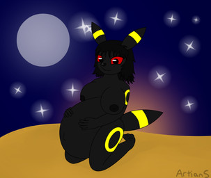 3_toes 5_fingers anthro belly big_belly big_breasts black_body black_hair breasts ear_markings ears_down feet female fingers hair kneeling looking_at_viewer markings moon nipples pivoted_ears pregnant pregnant_female red_eyes red_sclera short_hair smile solo star sunset tail tail_markings toes yellow_markings artians nintendo pokemon eeveelution generation_2_pokemon pokemon_(species) umbreon absurd_res colored hi_res