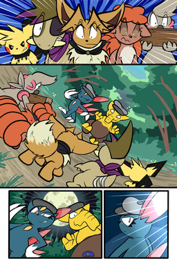 4_panel_comic ambiguous_gender anthro bandage black_cape black_clothing black_eyes black_nose black_tail brown_body brown_eyes brown_fur brown_hair cape cheek_spots chest_gem claws clenched_teeth clothing day eye_patch eyebrows eyelashes eyes_closed eyewear feral finger_claws forehead_gem fur gem glowing grass group hair hat headgear headwear holding_object looking_back moon mouth_closed multi_tail neck_tuft one_eye_obstructed open_mouth outside page_number plant pupils purple_scarf red_cheeks scarf sharp_teeth tail teeth toe_claws toony translucent translucent_hair tree tuft tusks walking white_pupils white_sclera yellow_body yellow_gem virmir nintendo pokemon pokemon_mystery_dungeon spike_chunsoft medik_jackal sierra_(virmir) twobyfour_(virmir) virmir_(character) zinc_(zincxiron) axew drowzee eevee generation_1_pokemon generation_2_pokemon generation_5_pokemon pichu pokemon_(species) sneasel timburr vulpix 2025 2:3 absurd_res comic hi_res signature male_(lore)