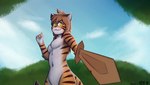 anthro black_stripes breasts brown_hair featureless_breasts female fur hair holding_melee_weapon holding_object holding_sword holding_weapon looking_at_viewer melee_weapon multicolored_body multicolored_fur navel nude orange_body orange_fur outside small_breasts smile smiling_at_viewer solo striped_body striped_fur stripes sword weapon white_body white_fur yellow_eyes fironmaplez_(artist) vbest twokinds flora_(twokinds) felid keidran mammal pantherine tiger 2020 hi_res