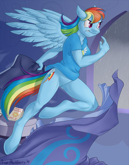 anthro anthrofied bed blue_body blue_feathers blue_fur bottomless bottomless_anthro bottomless_female breasts casual_exposure clock clothed clothing cutie_mark feathered_wings feathers female fur furniture genitals hair hooves inside multicolored_hair multicolored_tail pink_eyes rainbow_hair rainbow_tail raining shirt solo tail topwear vulva wings brian_mcpherson friendship_is_magic hasbro my_little_pony mythology rainbow_dash_(mlp) equid equine mammal mythological_creature mythological_equine pegasus 2014