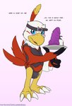 anthro beak belt blue_eyes blush bulge claws dildo feathers head_markings holding_object male markings open_mouth plate red_body red_feathers sex_toy solo tail tail_feathers text toe_claws white_body white_feathers yellow_body spelunker_sal bandai_namco digimon avian digimon_(species) hawkmon english_text