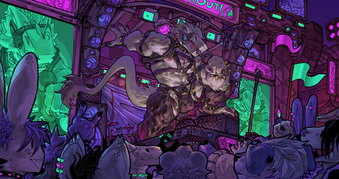 accessory anthro armpit_hair audience barely_contained barely_contained_penis barely_visible_genitalia barely_visible_penis belt body_hair bracelet bulge chaps clothing cock_ring collar concert detailed_bulge devil_horns_(gesture) digit_ring ear_piercing ear_ring erection feet fur genital_piercing genitals gesture group hand_gesture harness jewelry leather leggings legwear lgbt_pride machine male nipple_piercing nipples penis penis_accessory penis_jewelry piercing pride_colors pubes ring ring_piercing rocking_out singing solo spiked_bracelet spiked_collar spikes toe_ring toes tongue underwear vincian_pride_colors white_body white_fur nsfuwu4 kiwi_(blackkiwi) protogen 256:135 4k absurd_res hi_res
