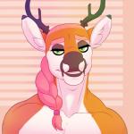 anthro antlers biped braided_hair brown_lips brown_markings collarbone eyebrows eyeshadow facial_markings front_view green_eyes hair half-closed_eyes head_markings horn lips looking_away looking_down makeup male markings narrowed_eyes nude orange_body pattern_background pink_eyebrows pink_hair simple_background solo striped_background creaturecorp james_(creaturecorp) deer mammal 1:1 bust_portrait digital_media_(artwork) portrait restricted_palette warm_colors