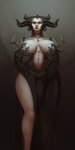 big_breasts black_horn blue_eyes breasts breasts_apart clothing female front_view horn light_body light_skin navel not_furry simple_background small_waist solo standing wide_hips shinyglute blizzard_entertainment diablo lilith_(diablo) demon humanoid 2019 absurd_res digital_media_(artwork) hi_res portrait three-quarter_portrait