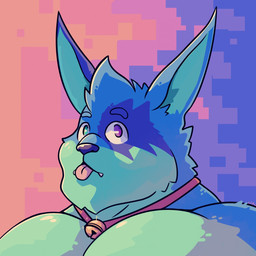 abstract_background anthro bell blep blue_body blue_ears blue_eyes blue_fur blue_inner_ear blue_nose fangs front_view fur hair head_tuft heterochromia looking_at_viewer male moobs mouth_closed nude obese obese_anthro obese_male overweight overweight_anthro overweight_male pink_tongue purple_eyes short_hair solo teeth tongue tongue_out tuft chocolateandmilk chimera 1:1 bust_portrait hi_res portrait