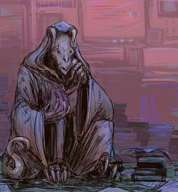 albino ambiguous_gender book book_stack clawed_hands claws cloak clothed clothing furniture holding_book holding_object horn inside not_furry reading reading_book red_eyes sharp_teeth sitting solo tail teeth toe_claws wearing_cloak leona-florianova fallout microsoft goris_(fallout) deathclaw scalie english_description hi_res male_(lore)