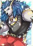 anthro bulge clothing fur male muscular muscular_anthro muscular_male solo tattoo midnight_blue mythology canid canine canis mammal mythological_canine mythological_creature werecanid werecanine werecreature werewolf wolf hi_res