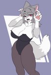 5_fingers anthro big_breasts bottomwear breasts bunny_costume clothed clothing costume female fingers fur grey_body grey_fur grey_hair hair huge_breasts legwear looking_at_viewer multicolored_body multicolored_fur open_mouth paws red_eyes simple_background solo stockings tail teeth topwear white_body white_fur carlyle_star notfurry_(domuyang) canid canine canis mammal wolf 2025 absurd_res hi_res
