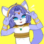 5_fingers aged_down anthro arm_tuft bandeau black_nose blep blue_body blue_eyes blue_fur blue_hair blue_tail clothing double_v_sign elbow_tuft female fingers flat_chested fur fur_tuft gesture hair hand_gesture jewelry loli looking_at_viewer red_tongue simple_background solo tail tongue tongue_out topwear tuft v_sign white_body white_fur yellow_background young young_anthro young_female melonpuff nintendo star_fox krystal_(star_fox) canid canine fox mammal 1:1 hi_res