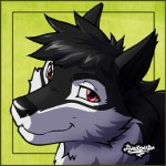 anthro black_body black_fur black_hair border fur green_background hair looking_at_viewer male red_eyes simple_background smile solo white_body white_fur yellow_border siekfried canid canine canis mammal wolf 1:1 bust_portrait low_res portrait