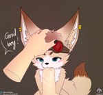 absurd_res anthro blowjob_face blush brown_background canid canine colored_nails countershading dialogue disembodied_hand disembodied_penis duo ear_piercing eyewear eyewear_on_head fennec_fox first_person_view fox genitals glasses goggles goggles_on_head good_boy headpat hi_res human humanoid_genitalia humanoid_hands humanoid_penis male male/male mammal nails oral oral_penetration penetration penis piercing senz simple_background sitting sucking text true_fox url wet wet_penis