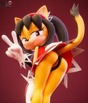 anthro bent_over black_clothing black_hair black_panties black_underwear blush butt clothing clothing_aside dipstick_tail female genitals gesture gloves hair hand_gesture handwear looking_back markings panties panties_aside pigtails pussy red_background simple_background solo tail tail_markings underwear underwear_aside v_sign milkmeister3d sega sonic_the_fighters sonic_the_hedgehog_(series) honey_the_cat domestic_cat felid feline felis mammal 2024 3d_(artwork) digital_media_(artwork) hi_res